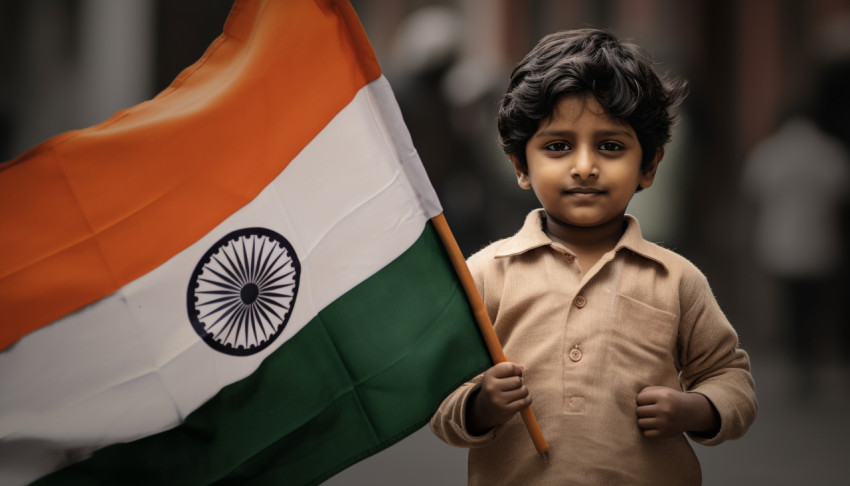 Little boy proudly holds indian flags Little boy proudly holds indian flags, independence day stock image, independence day ai prompt