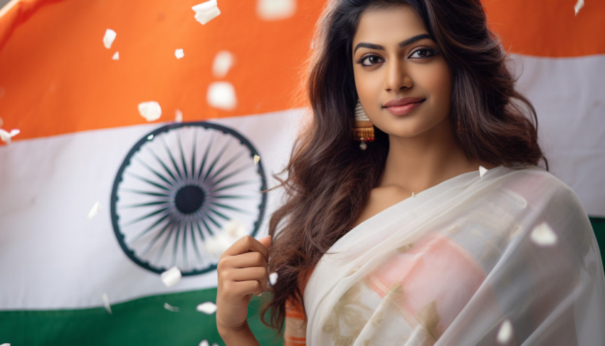 An indian woman is holding an indian flag An indian woman is holding an indian flag, independence day stock image, independence day ai prompt