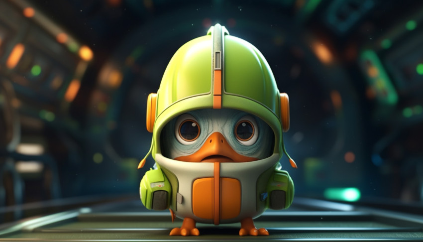 A green bird with an orange hat on its head A green bird with an orange hat on its head
