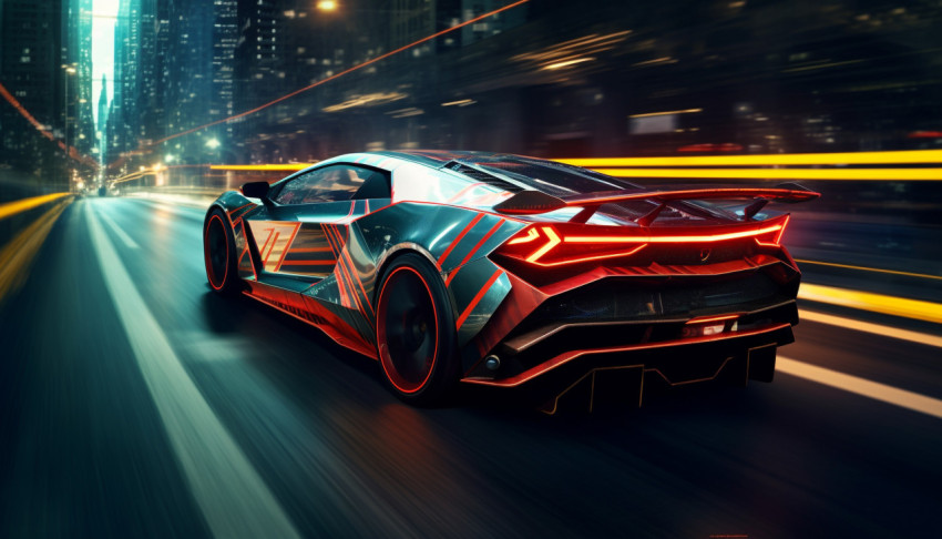 A lamborghini huracan is on a dark street in a city A lamborghini huracan is on a dark street in a city