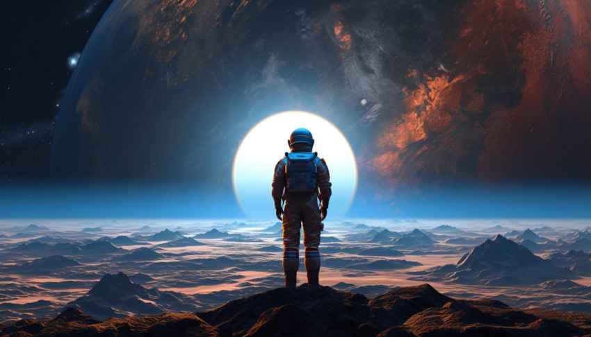 An astronaut stands in front of an earth and stars An astronaut stands in front of an earth and stars
