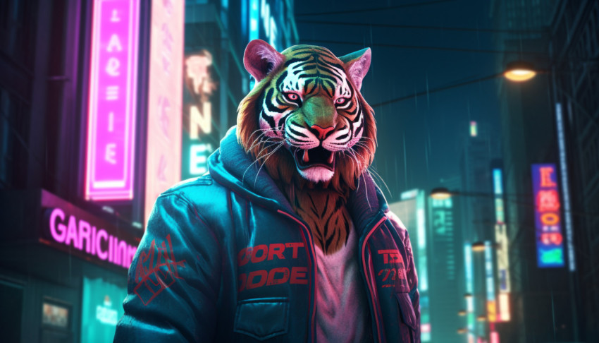 A tiger in a leather jacket stands in the street in front of a n A tiger in a leather jacket stands in the street in front of a n