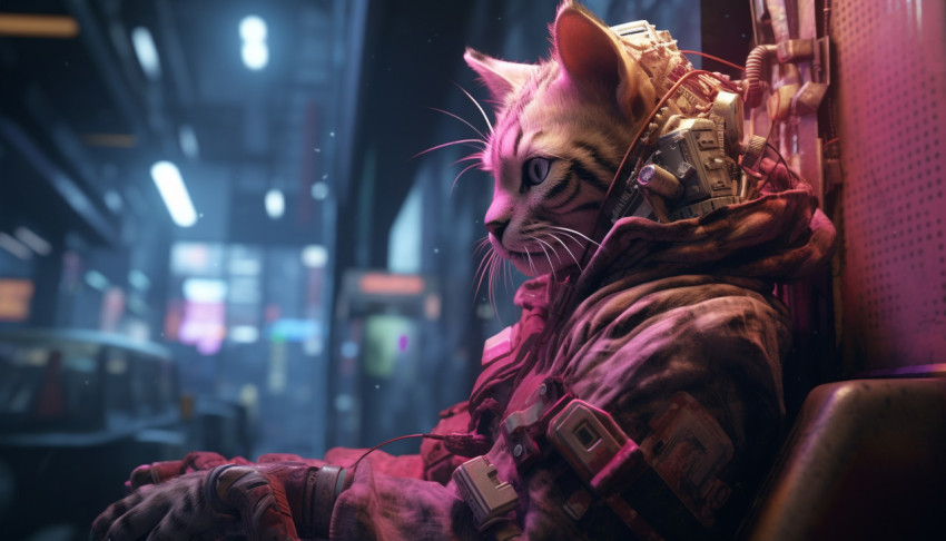 A cat sat in the dark in a city building A cat sat in the dark in a city building