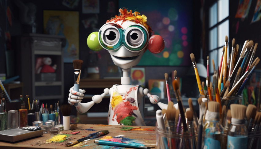 An animated cartoon robot holding paint sticks in front of his d An animated cartoon robot holding paint sticks in front of his d