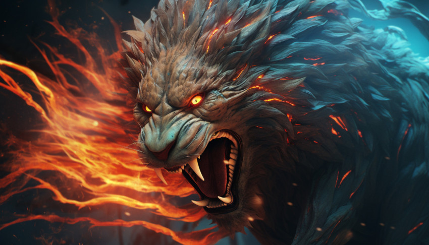 A digital artwork depicts a lion in flames with a swirl A digital artwork depicts a lion in flames with a swirl
