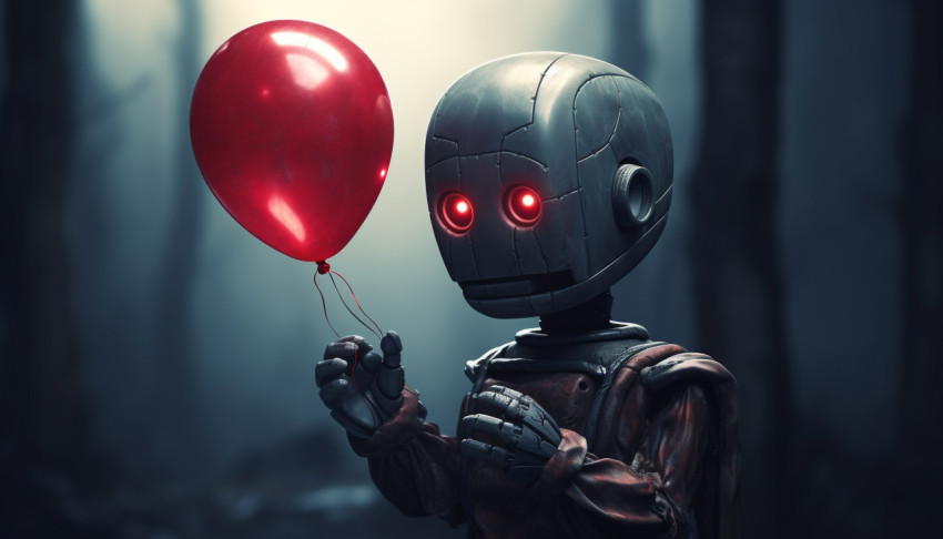 A small robot holding a red balloon A small robot holding a red balloon