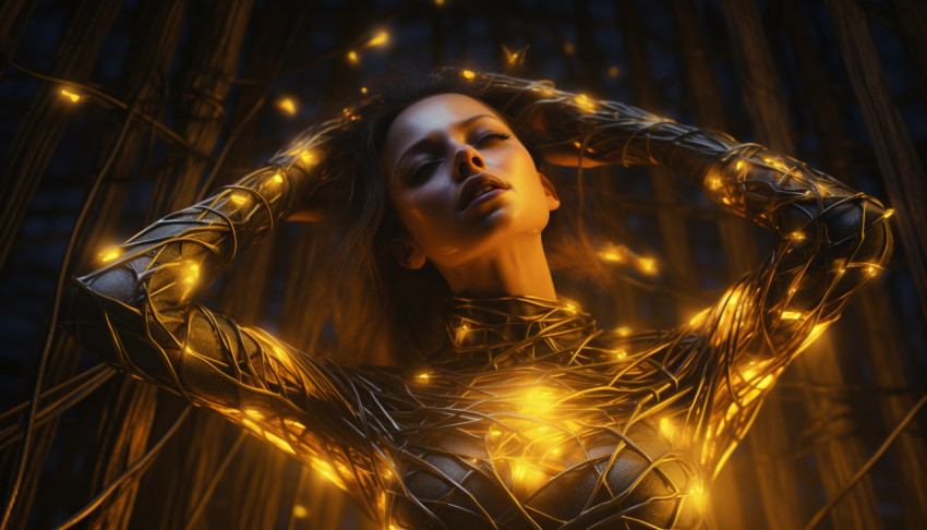 Human woman wrapped in wires and golden lights Human woman wrapped in wires and golden lights