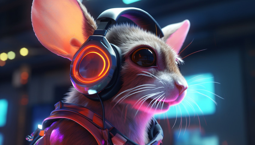 A mouse with headphones is in neon glow A mouse with headphones is in neon glow, midjourney ai art, ai art, midjourney free prompts