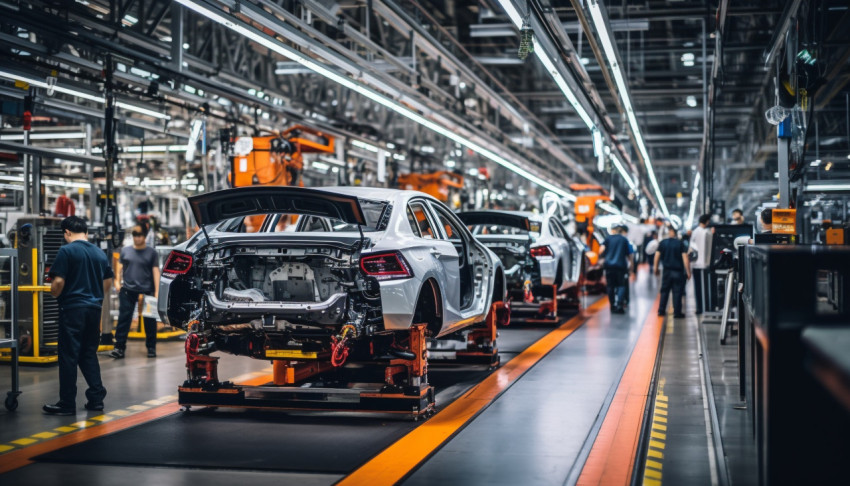 A photo of a assembly line with cars in various stages of produc A photo of a assembly line with cars in various stages of production, assembly line car production, assembly line car manufacturing