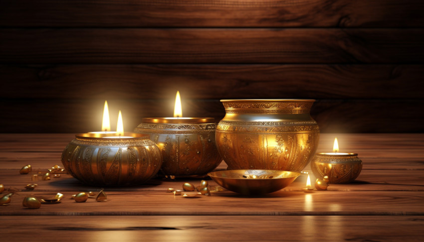 Oriental decor with candles and gold bowl Oriental decor with candles and gold bowl, diwali festival stock image, diwali festival ai prompt