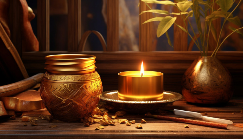 Beautiful gold candle and candle in gold pot on a wooden table Beautiful gold candle and candle in gold pot on a wooden table, diwali festival stock image, diwali festival ai prompt