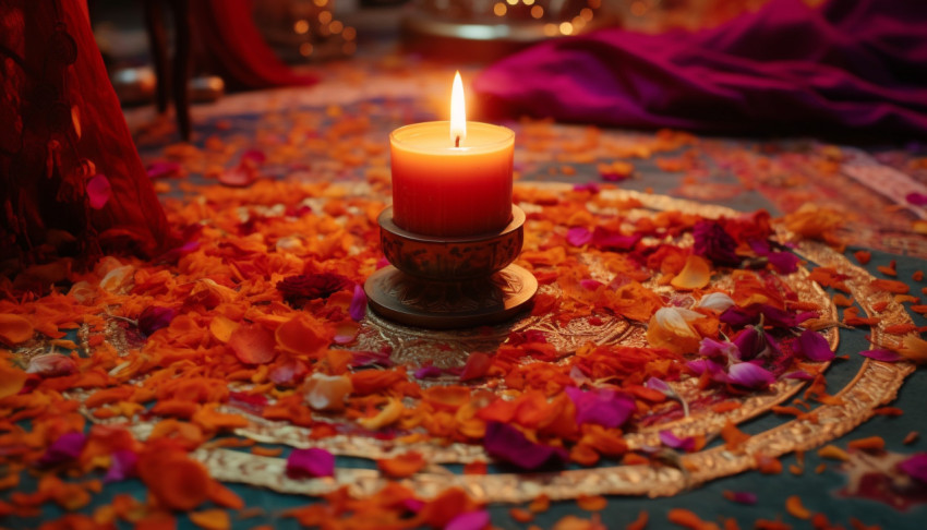 Lit candle with colorful decorations Lit candle with colorful decorations, diwali festival stock image, diwali festival ai prompt