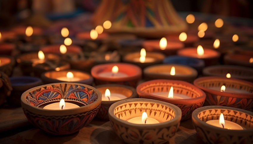 Candles were lit inside trays of clay dishes in india Candles were lit inside trays of clay dishes in india, diwali festival stock image, diwali festival ai prompt