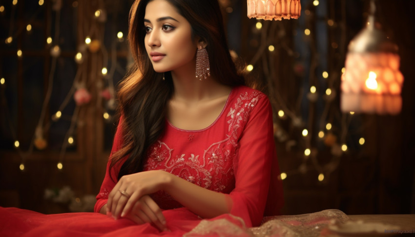 A young woman wearing a traditional red top A young woman wearing a traditional red top, diwali festival stock image, diwali festival ai prompt