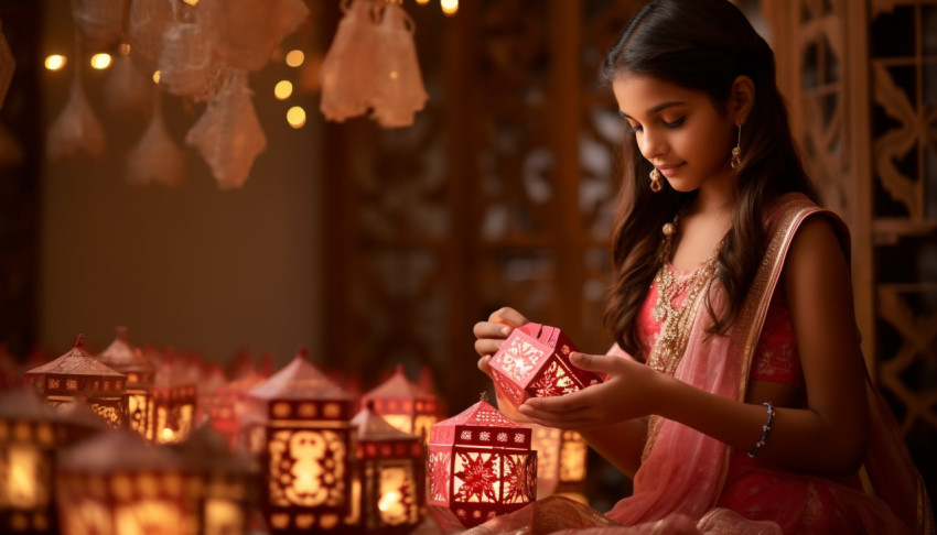 A girl in ethnic clothing is holding an indian paper lamps A girl in ethnic clothing is holding an indian paper lamps, diwali festival stock image, diwali festival ai prompt