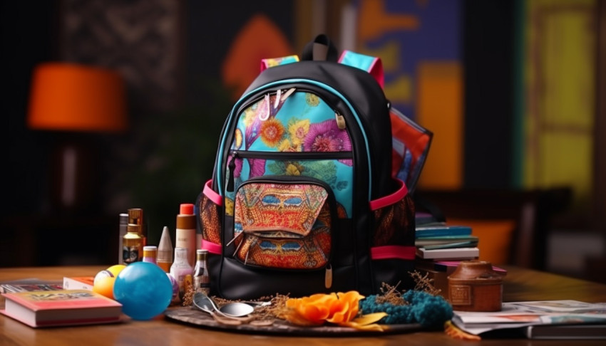 Backpack with different colorful stationery on table. banner des Backpack with different colorful stationery on table. banner design, back to school stock images ai, back to school ai prompts