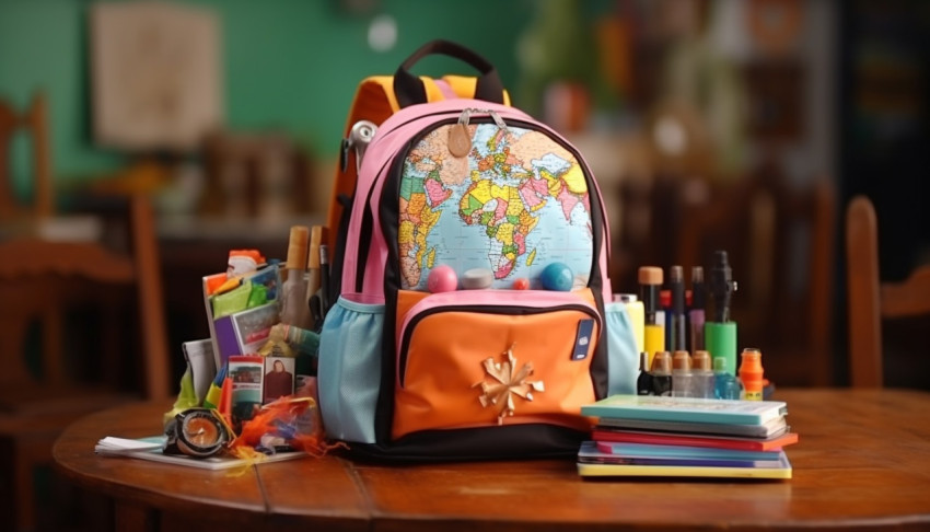 Colorful Stationery and Backpack on Table Colorful Stationery and Backpack on Table