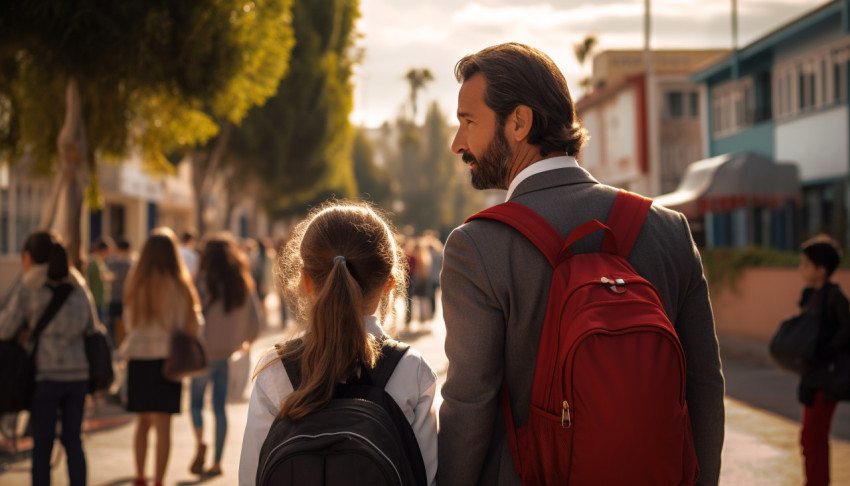 first day at school father leads a little child school first day at school father leads a little child school