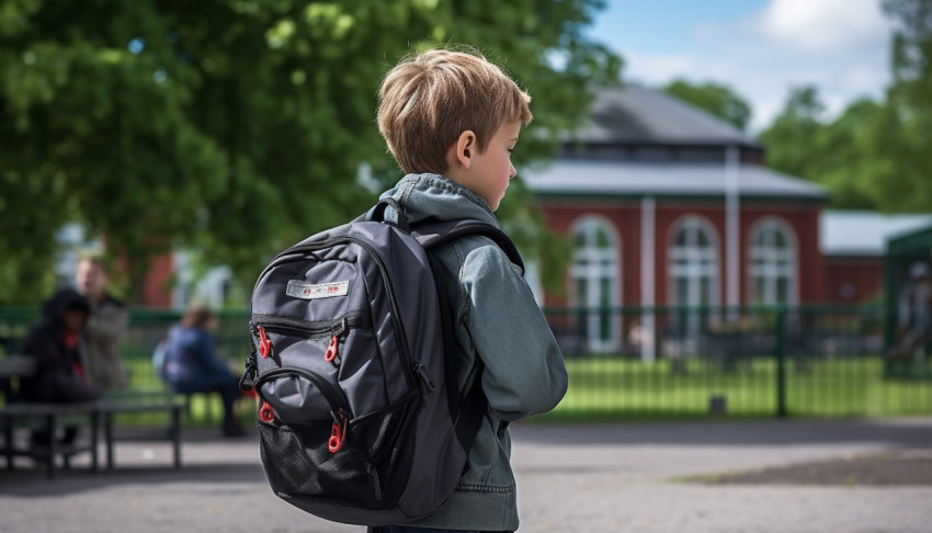 young boy getting back to school back view young boy getting back to school back view