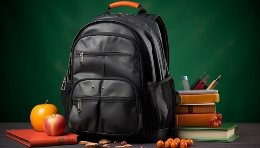 School bag backpack with supplies for school School bag backpack with supplies for school, back to school stock images ai, back to school ai prompts