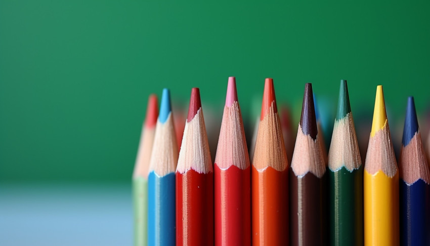 a stack of colored pencils on a desk with a green background