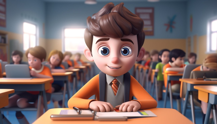 Cartoon boy learning in class Cartoon boy learning in class, back to school stock images ai, back to school ai prompts