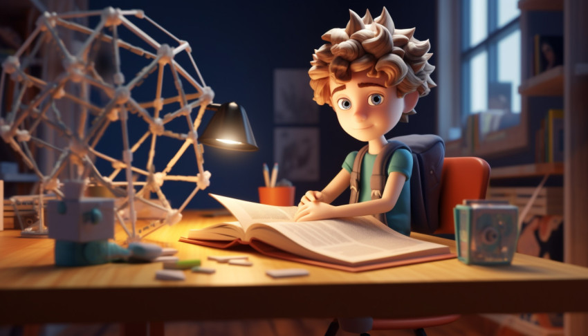a boy sits at a desk in in class room front of a book