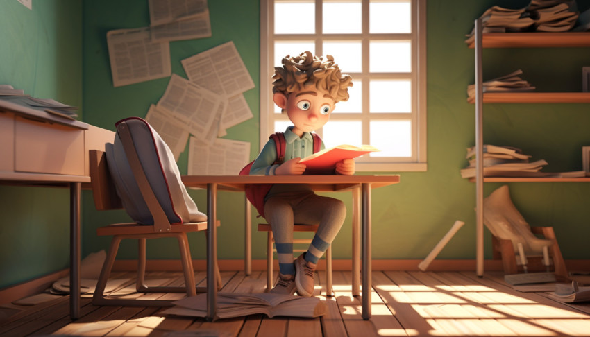 Student concentrates on book in classroom Student concentrates on book in classroom, back to school stock images ai, back to school ai prompts