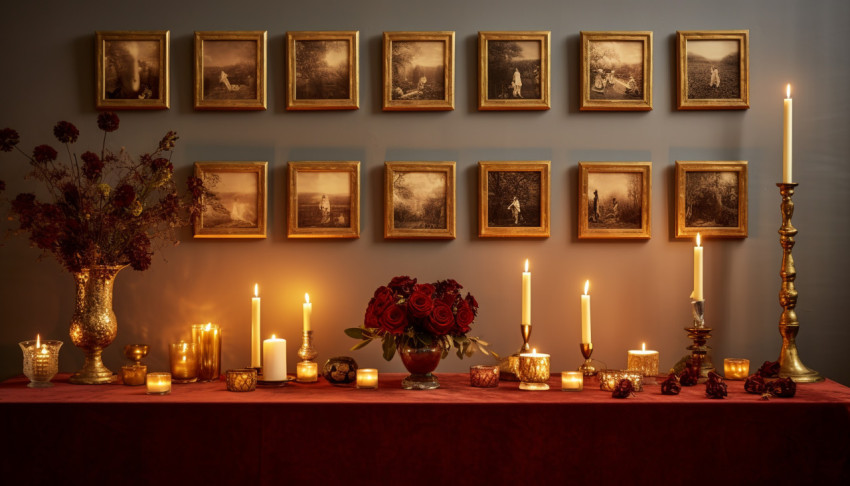 Table with several brass candle holders Table with several brass candle holders, diwali festival stock image, diwali festival ai prompt