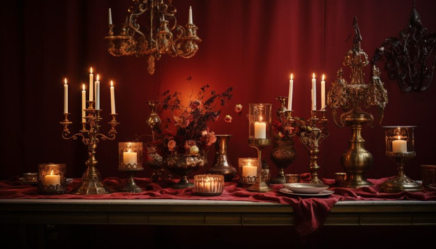 Elegant table with brass candle holders Elegant table with brass candle holders, diwali festival stock image, diwali festival ai prompt