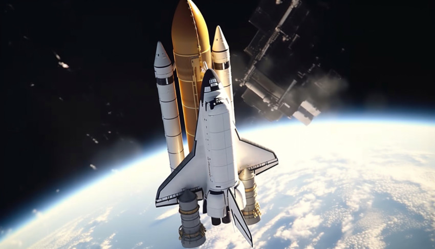 space shuttle in space with rockets flying space shuttle in space with rockets flying