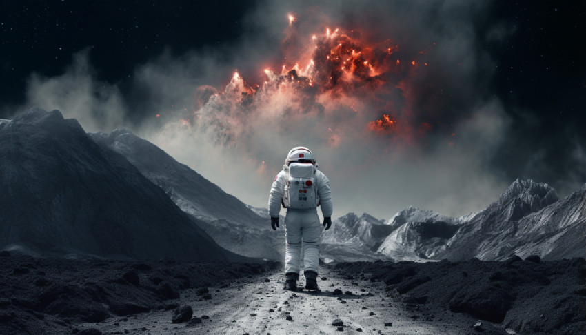 a white astronaut walking in the space near a volcano a white astronaut walking in the space near a volcano