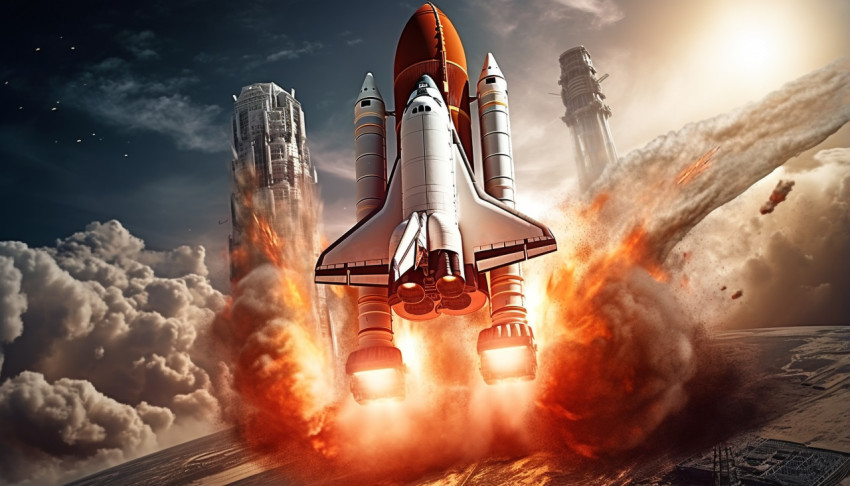 an art rendering of a space rocket flying near the moon
