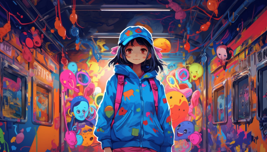 Young Girl in Blue Jacket Stands in Hallway Young Girl in Blue Jacket Stands in Hallway