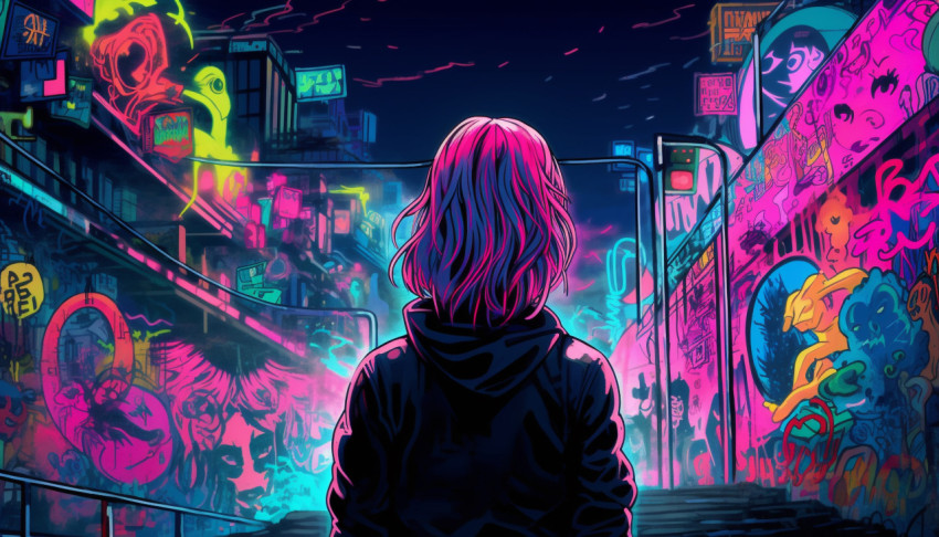 an anime girl with pink hair standing