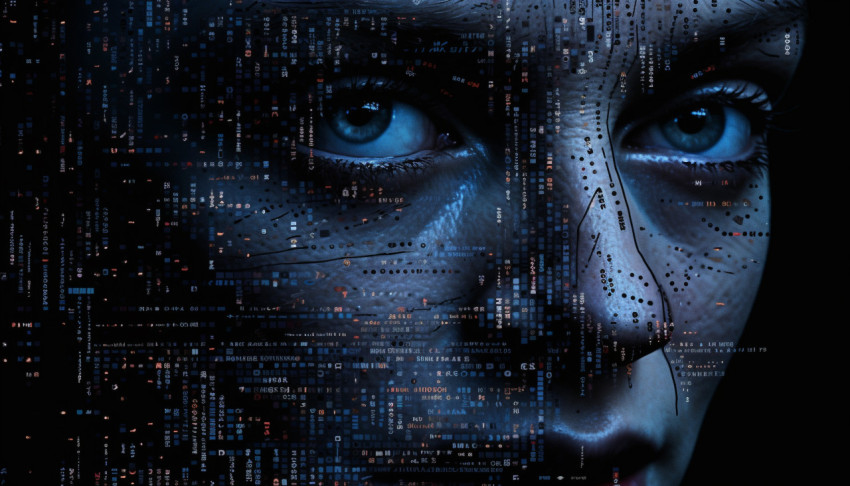 some dark image in the dark with a face with blue eyes