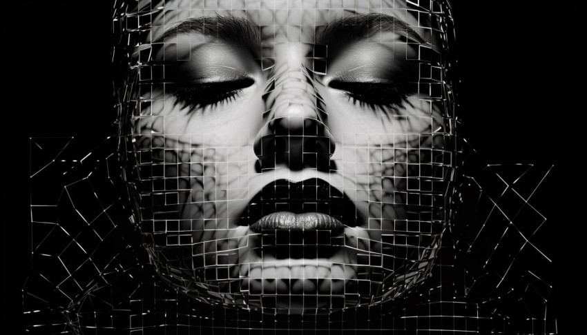 the face of a woman is represented by squares in a dark setting