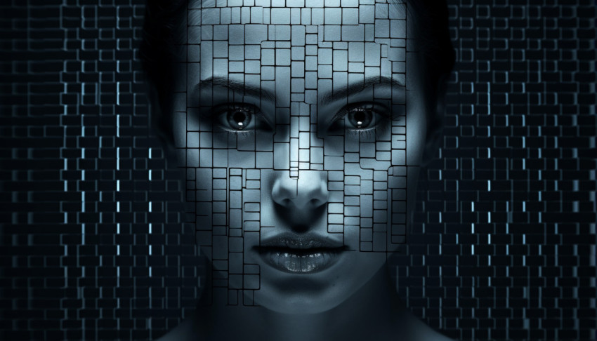 black and blue digital image of a woman using artificial intelli