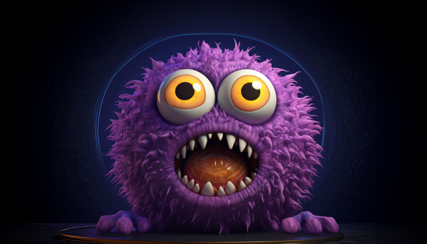 a purple monster with very big eyes and wide mouth on a dark bac