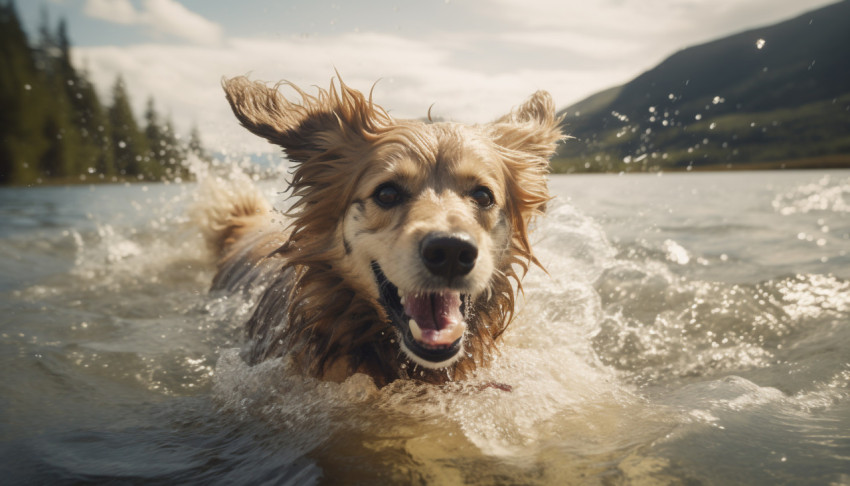 a dog running out of a body of water a dog running out of a body of water