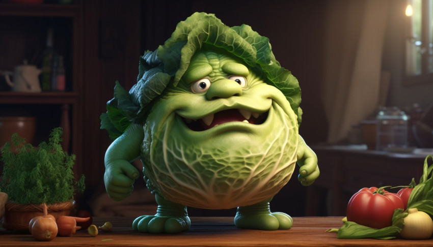 a toy cabbage looking angry in a dark room a toy cabbage looking angry in a dark room
