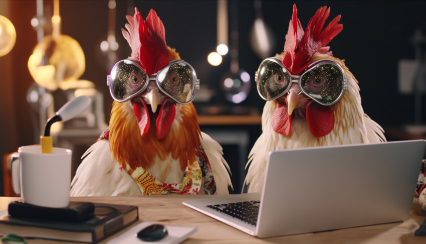 two chicken in front of a laptop in glasses two chicken in front of a laptop in glasses