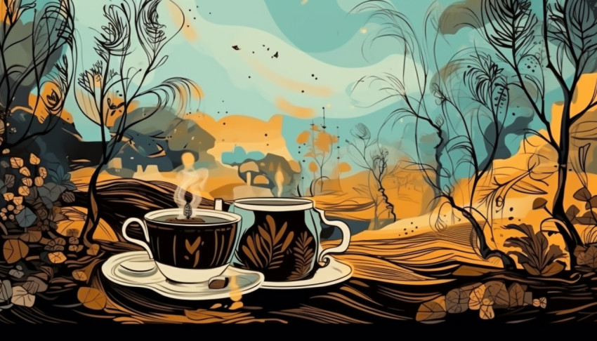 Coffee and tea in a vintage setting Coffee and tea in a vintage setting, cave painting style