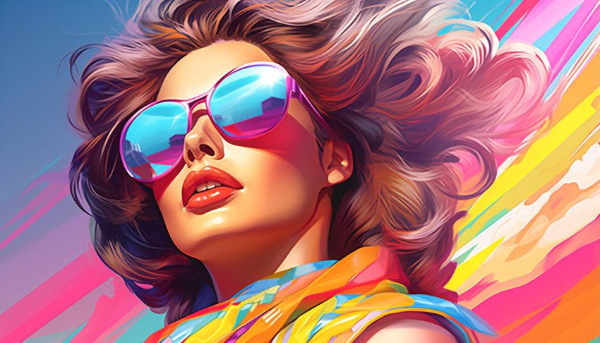 a woman in colorful sunglasses atop a beach graphic a woman in colorful sunglasses atop a beach graphic
