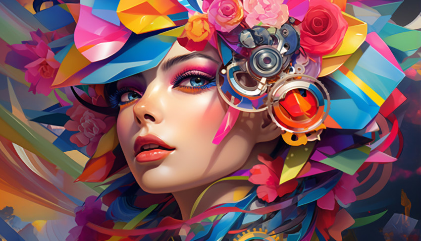 an artistic image of a female face decorated with a colorful pat an artistic image of a female face decorated with a colorful pat