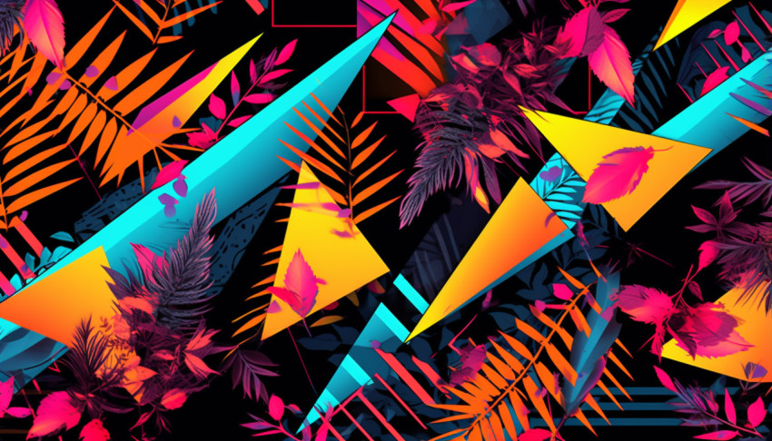 Pink yellow and orange jungle style pattern with leaves and tria Pink yellow and orange jungle style pattern with leaves and triangles, memphis style art