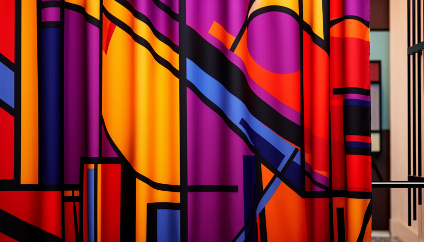 a geometric bathroom curtain featuring hot colors a geometric bathroom curtain featuring hot colors