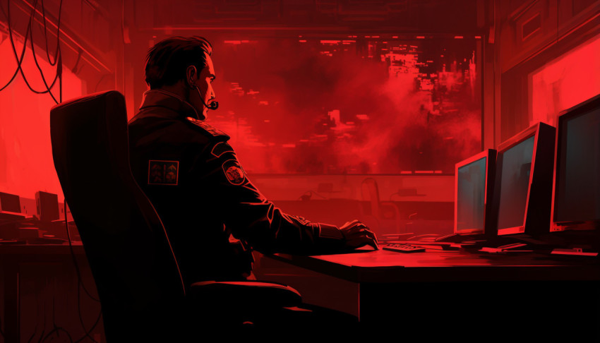The officer at the desk sitting in front of a monitor The officer at the desk sitting in front of a monitor, propaganda style art