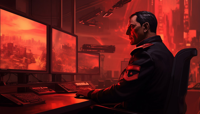 Officer working at computer Officer working at computer, propaganda style art