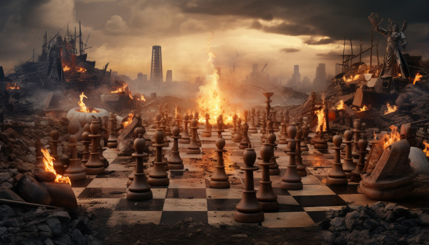 Chess pieces that are being destroyed on the checkered board Chess pieces that are being destroyed on the checkered board, board game style art